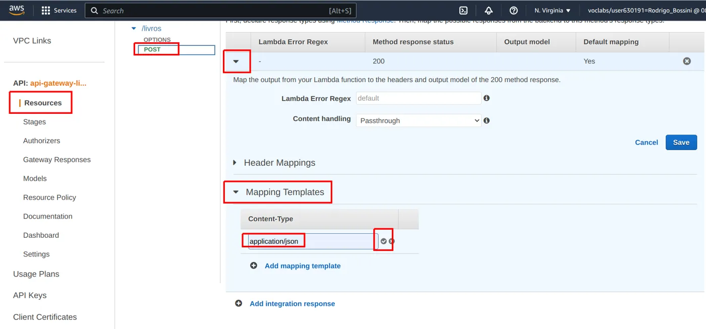 Integration Response com a linha da resposta 200 expandida pela seta, a seção Mapping Templates aberta e o Content-Type application/json sendo confirmado