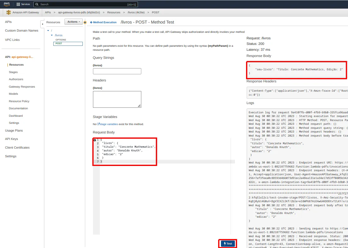 Tela Method Test com o Response Body destacado exibindo o objeto JSON com a chave seu-livro e o valor Titulo: Concrete Mathematics, Edição: 2