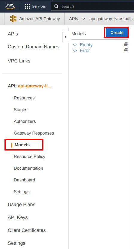 Menu Models do API Gateway selecionado, com a lista de modelos Empty e Error e o botão Create destacado