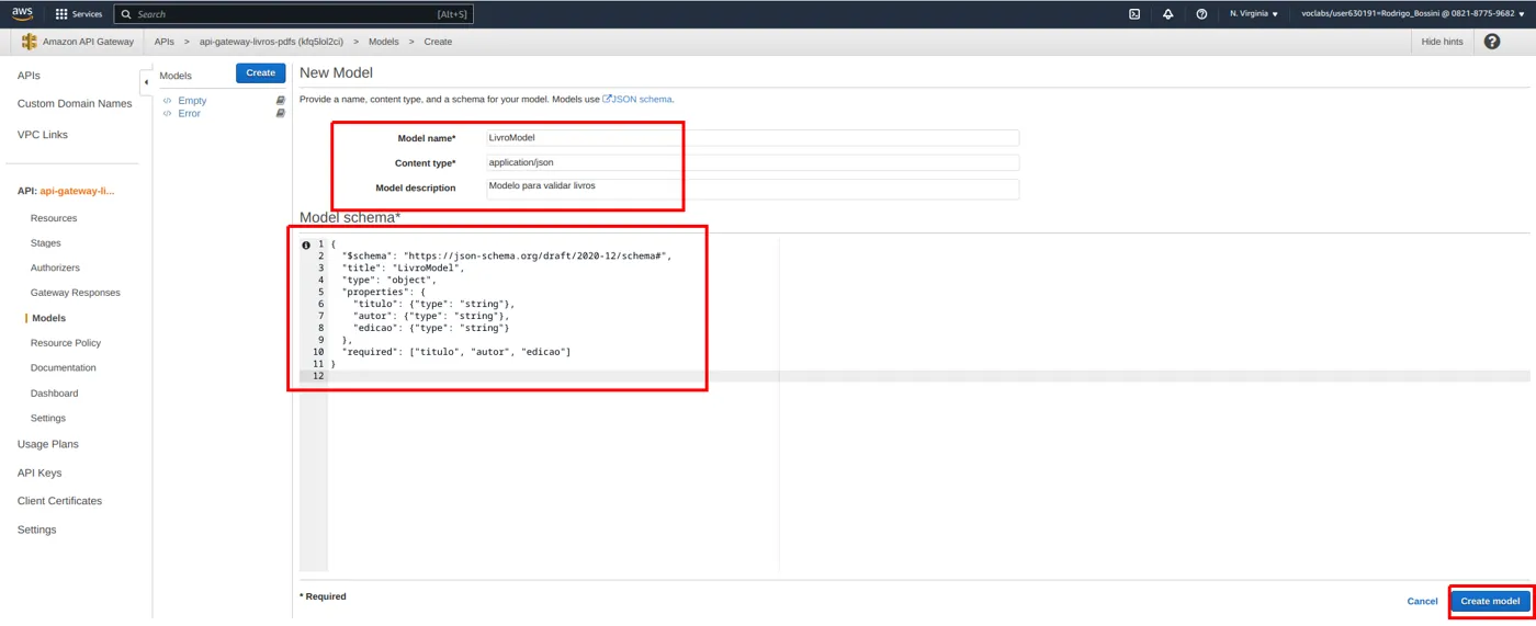 Tela New Model com Model name LivroModel, Content type application/json, Model description Modelo para validar livros, o Model schema preenchido e o botão Create model destacado