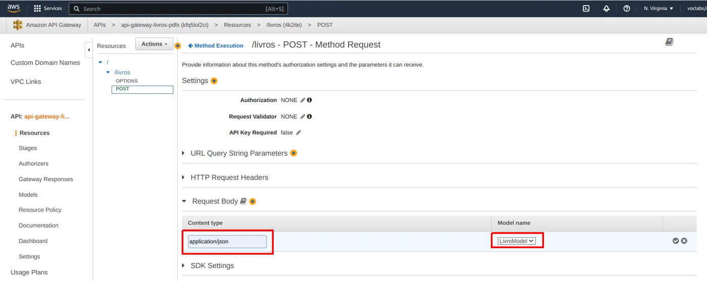 Linha do Request Body com Content type application/json e Model name LivroModel preenchidos, prontos para confirmar