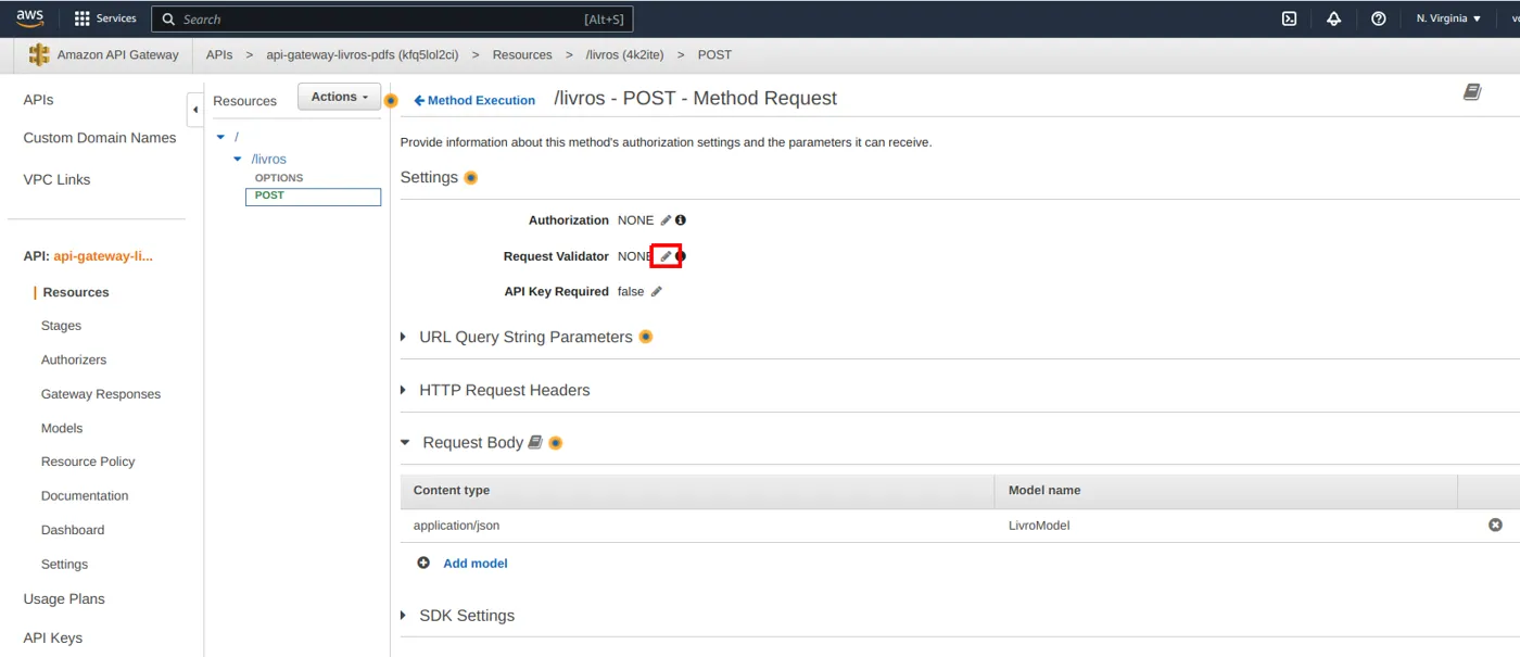 Tela Method Request com o ícone de caneta à frente de Request Validator NONE destacado e o LivroModel já listado em Request Body