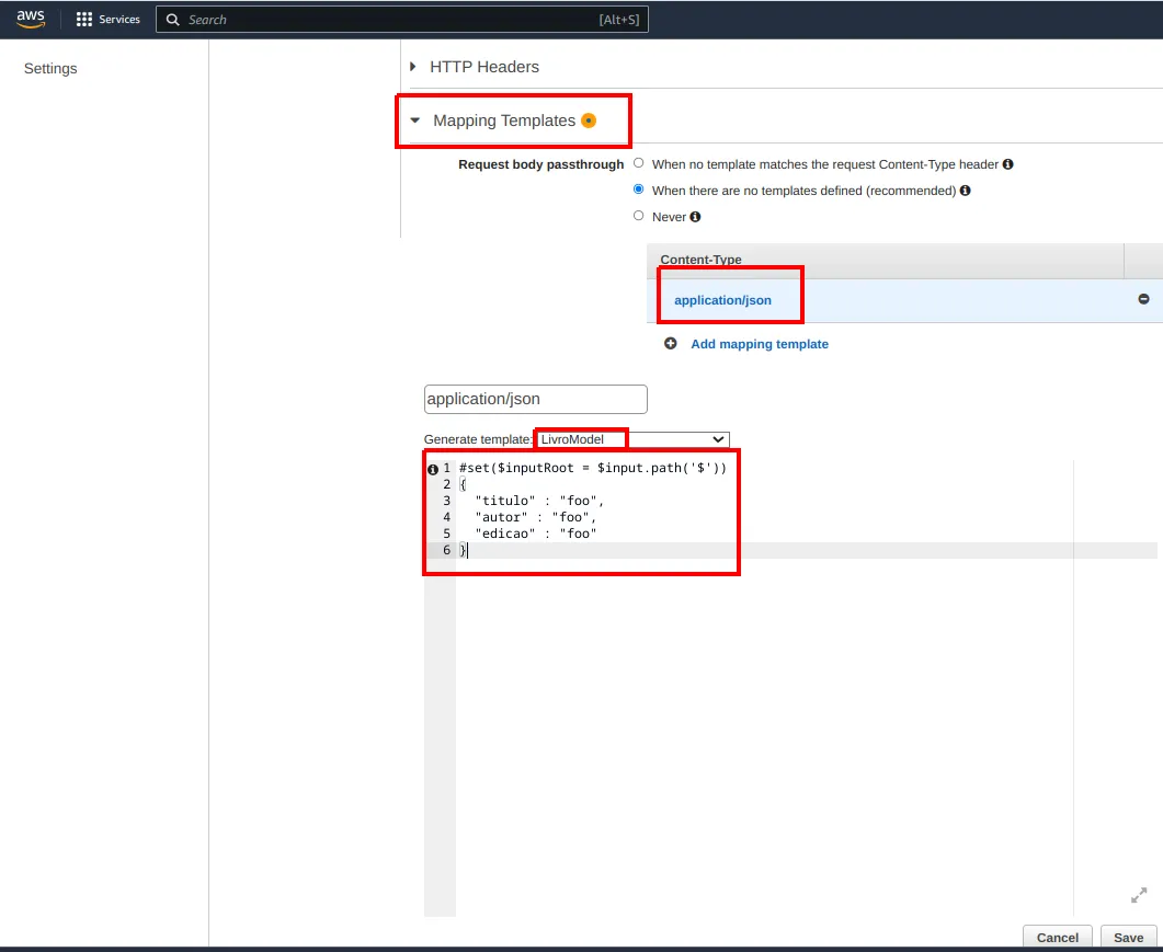 Seção Mapping Templates com application/json selecionado, Generate template igual a LivroModel e o template gerado com #set($inputRoot = $input.path('
  </body>
</html>
)) e titulo, autor e edicao iguais a foo