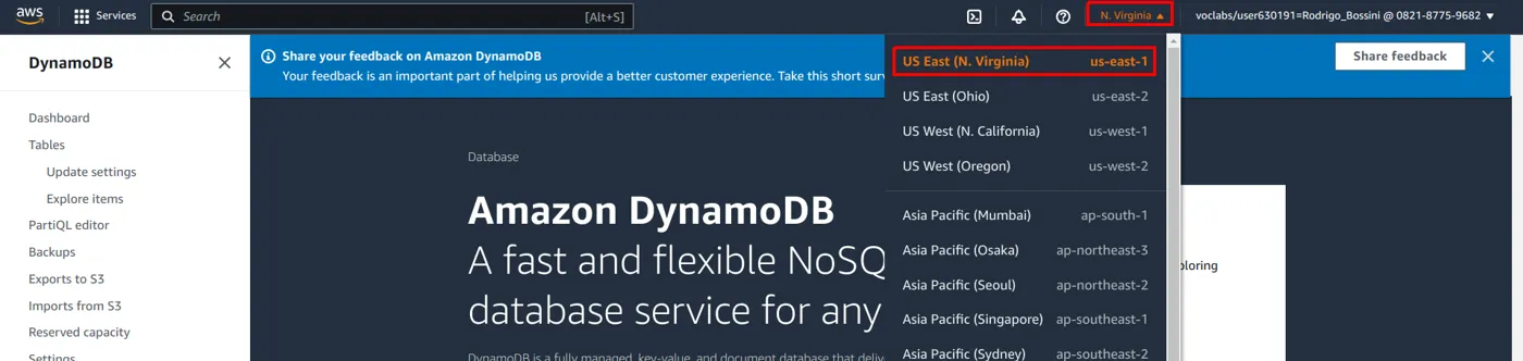 Página inicial do DynamoDB com o seletor de regiões aberto no canto superior direito