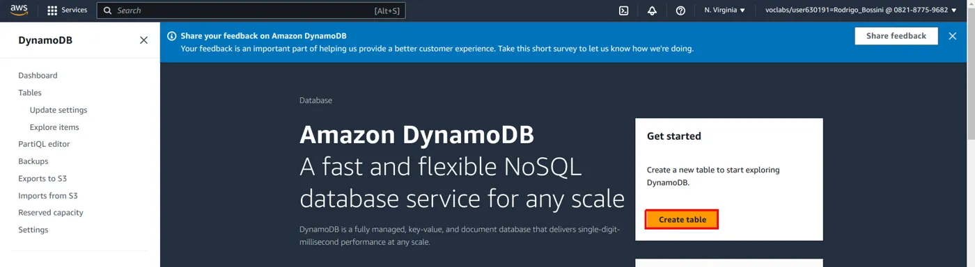 Página inicial do DynamoDB com o botão Create table destacado