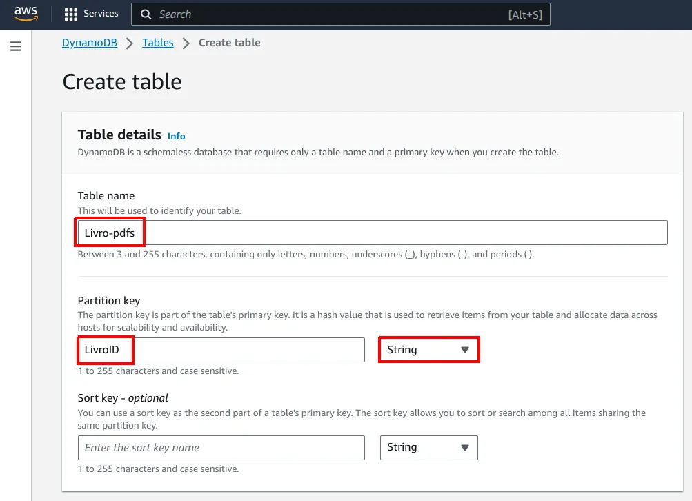 Formulário Create table com o nome da tabela Livro-pdfs e a Partition key LivroID do tipo String destacados