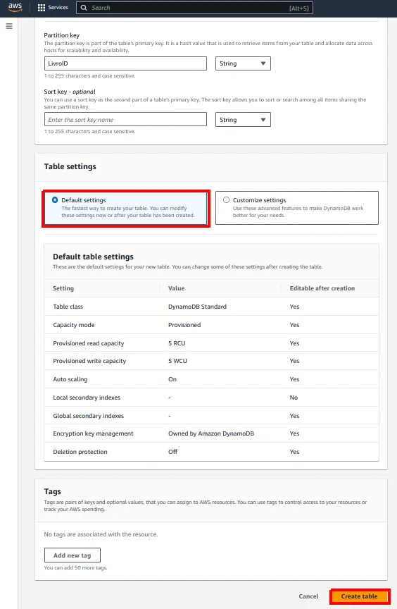 Seção Table settings com Default settings selecionado e o botão Create table destacado