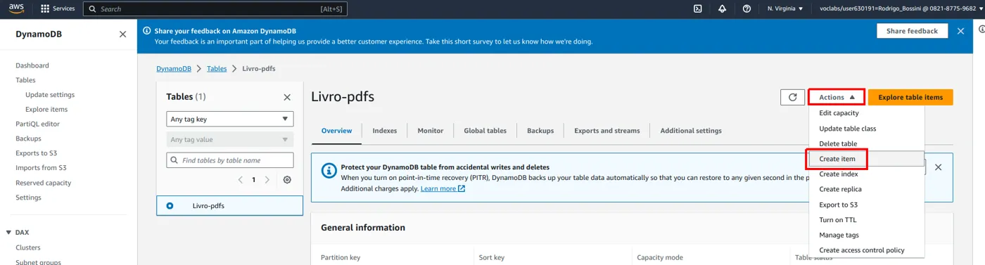 Página da tabela com o menu Actions aberto e a opção Create item destacada