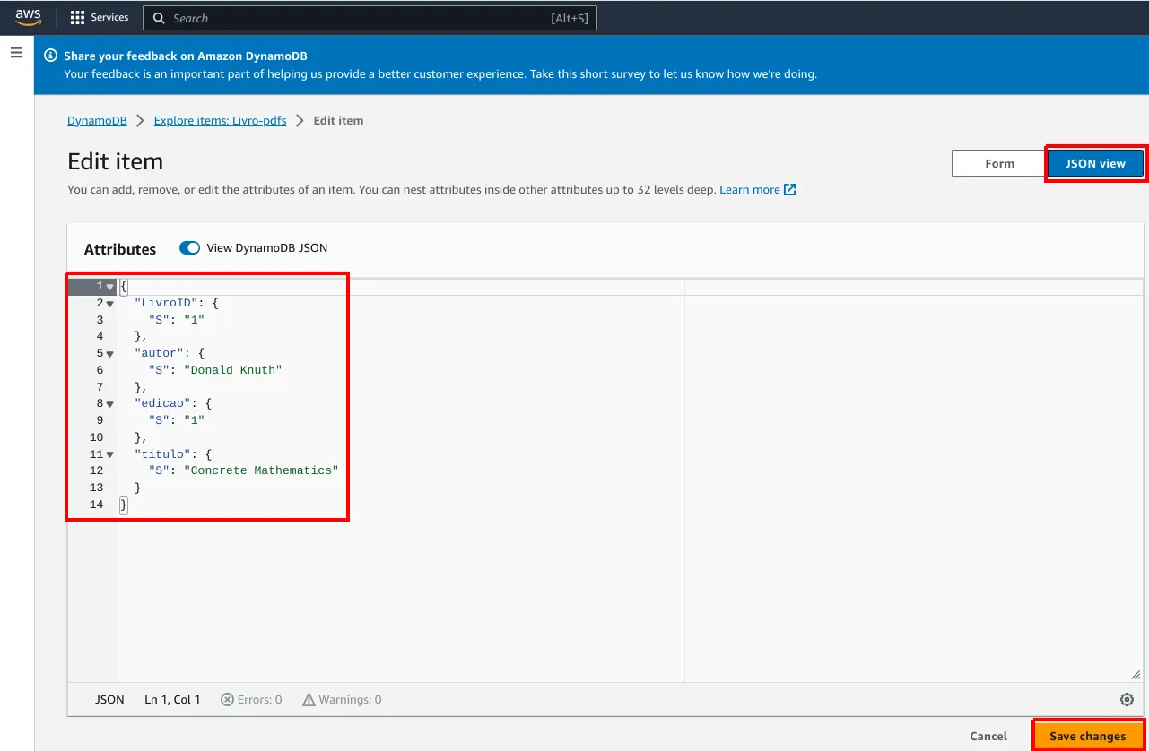 Tela Edit item em JSON view mostrando os atributos LivroID, titulo, autor e edicao, cada um com o tipo S
