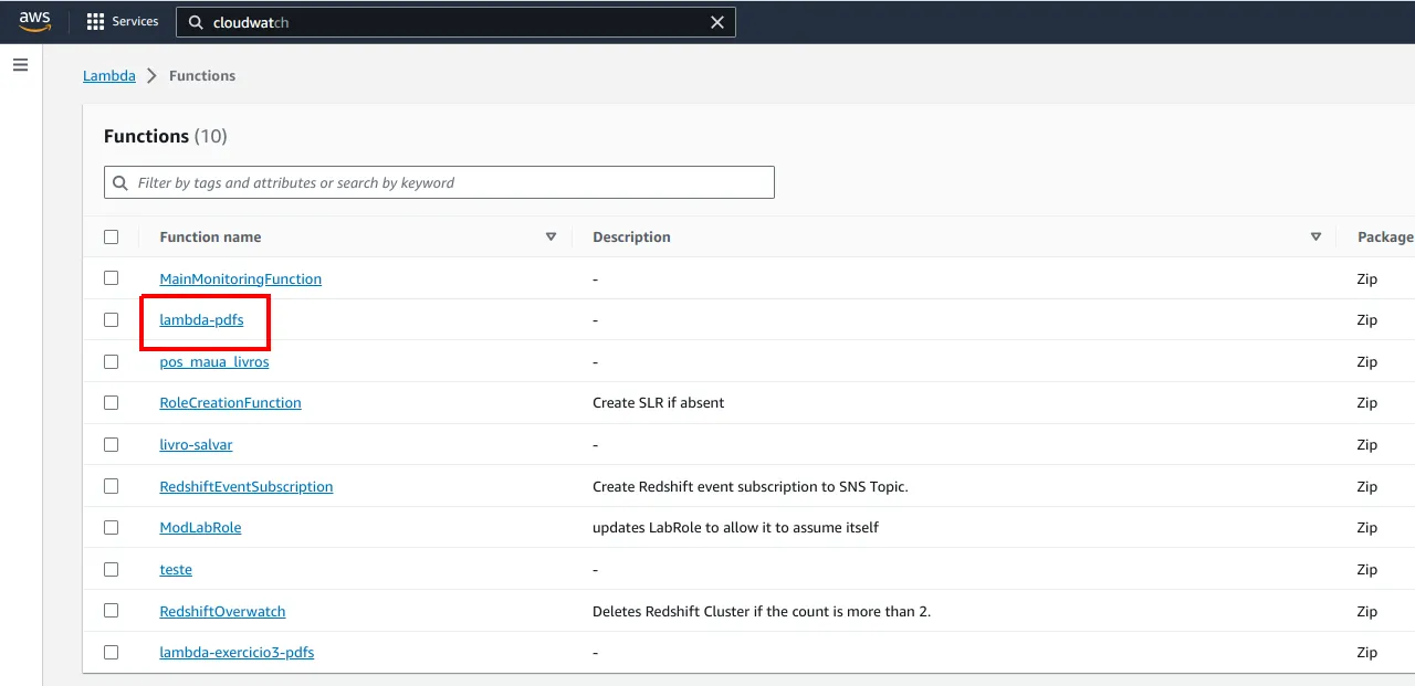 Lista de funções Lambda com a função lambda-pdfs destacada