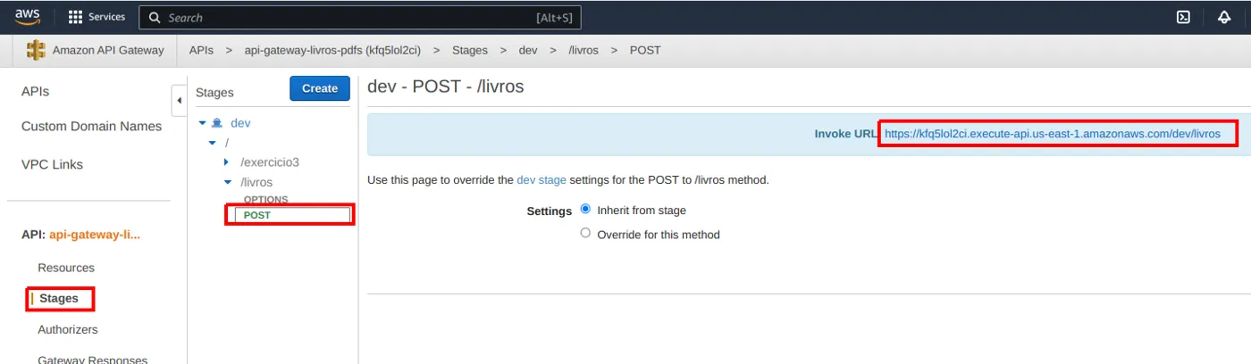 Stage dev com a Invoke URL destacada