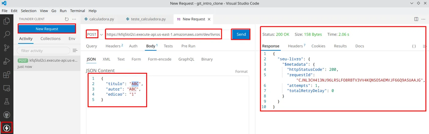 Thunder Client com uma requisição POST para a URL do stage terminada em /livros, o corpo JSON com titulo, autor e edicao, e a resposta 200 OK com metadados técnicos da requisição ao DynamoDB