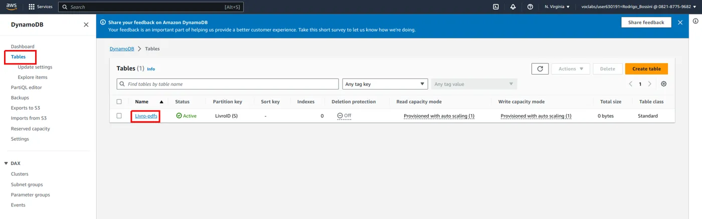 Lista de tabelas do DynamoDB com a tabela Livro-pdfs destacada