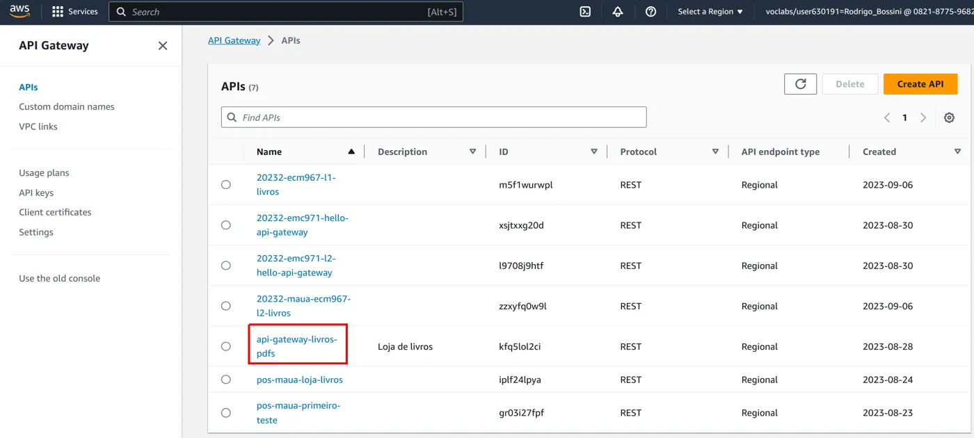 Lista de APIs no novo console do API Gateway com uma das APIs destacada