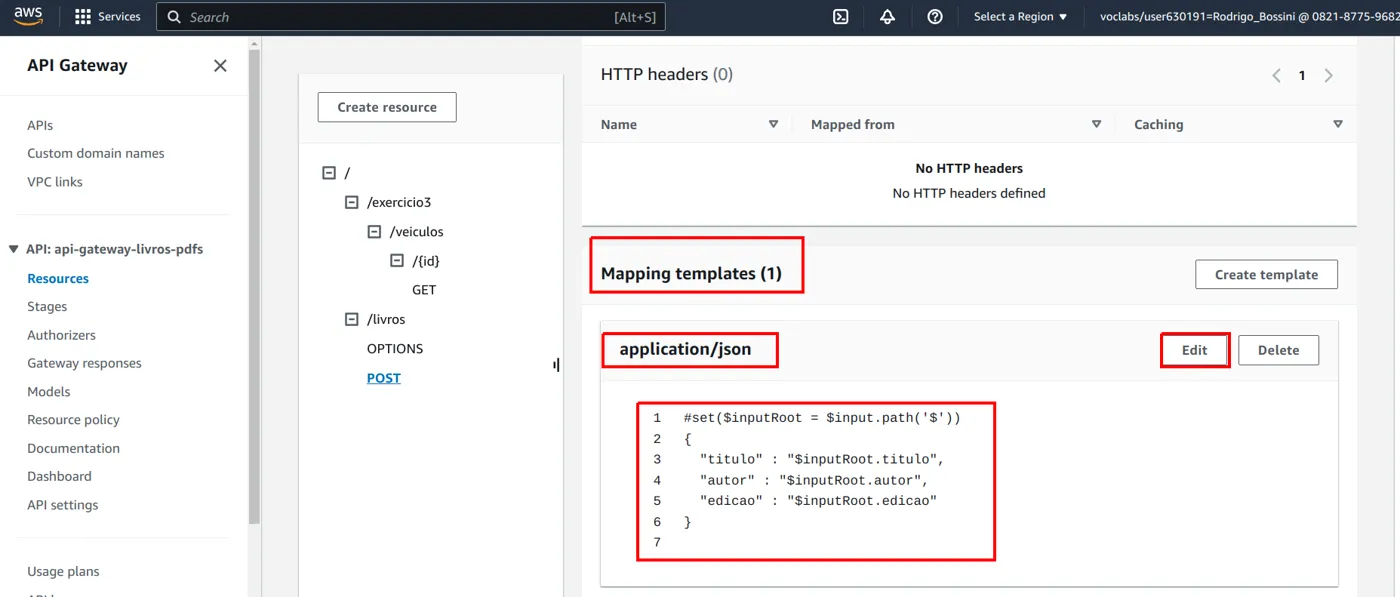 Seção Mapping templates com o template application/json existente e o botão Edit destacados