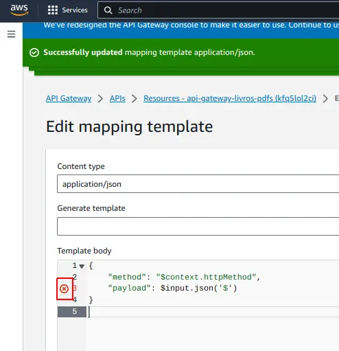 Editor Edit mapping template com o novo conteúdo e um ícone de erro do validador ao lado da linha do payload