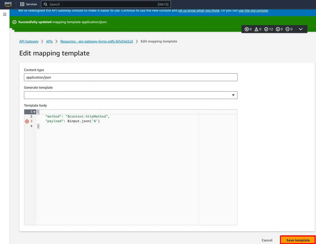 Página Edit mapping template com o conteúdo final e o botão Save template destacado