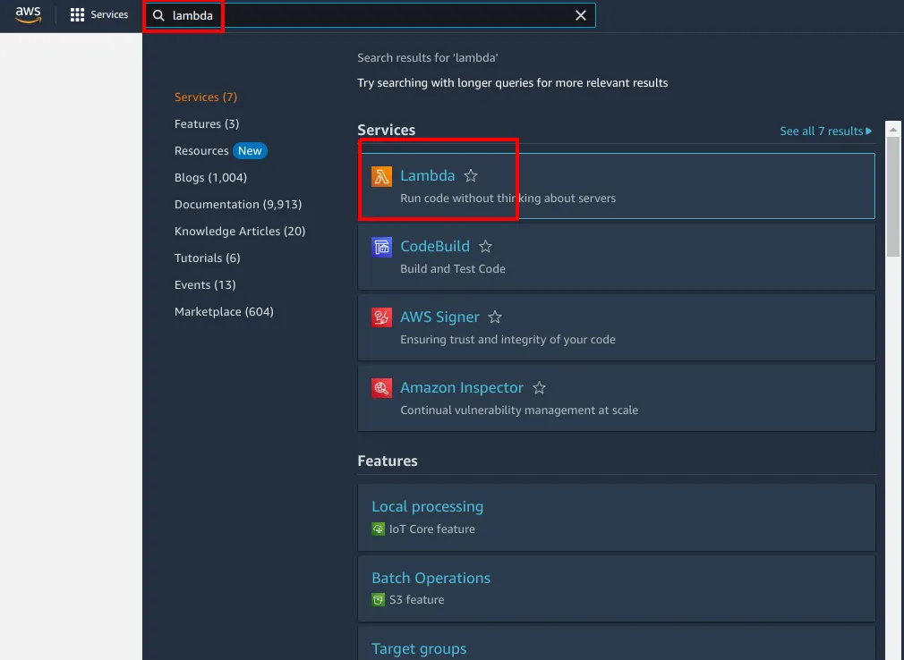 Busca do console da AWS pelo termo lambda com o serviço Lambda destacado nos resultados