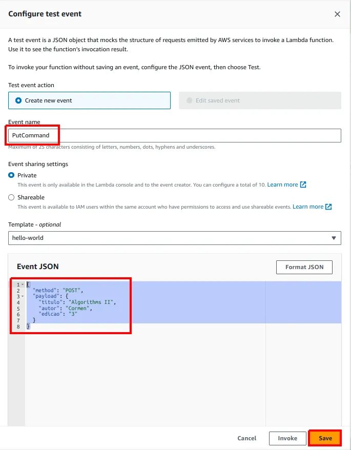 Janela Configure test event com o nome PutCommand e o Event JSON destacados