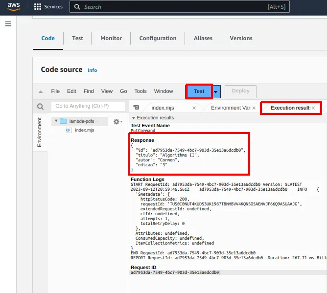 Aba Execution results mostrando a resposta com id, titulo, autor e edicao e os logs da função