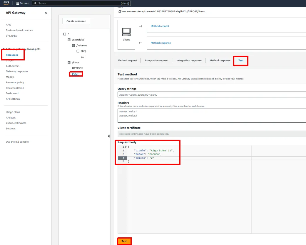 Aba Test do método POST no API Gateway com um livro de teste no Request body destacado