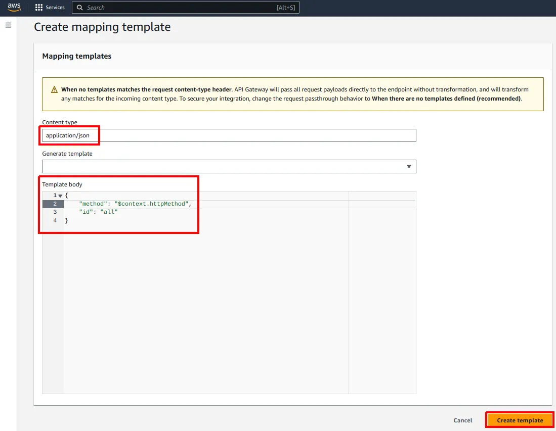 Página Create mapping template com o Content type application/json e o Template body destacados
