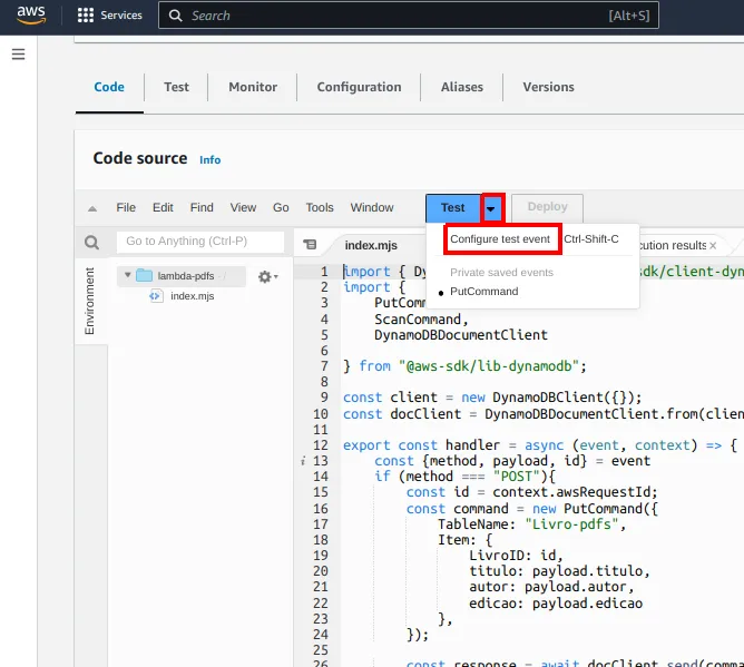 Menu do botão Test com a opção Configure test event destacada