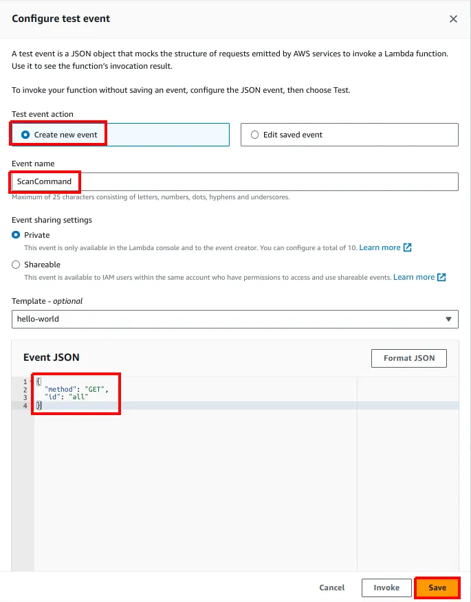 Janela Configure test event com Create new event, o nome ScanCommand e o Event JSON destacados