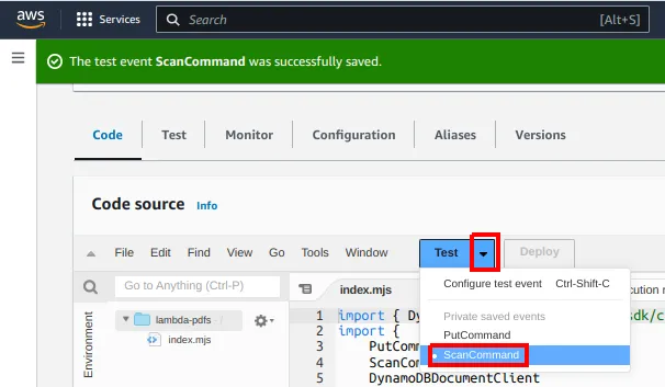 Menu do botão Test com o evento ScanCommand selecionado entre os eventos salvos