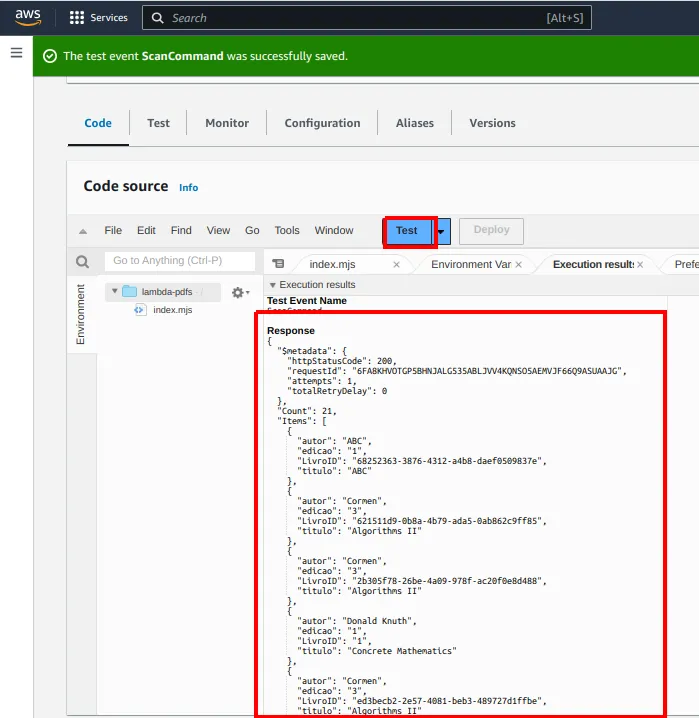 Resultado do teste com a resposta completa do DynamoDB, incluindo metadados e a coleção Items