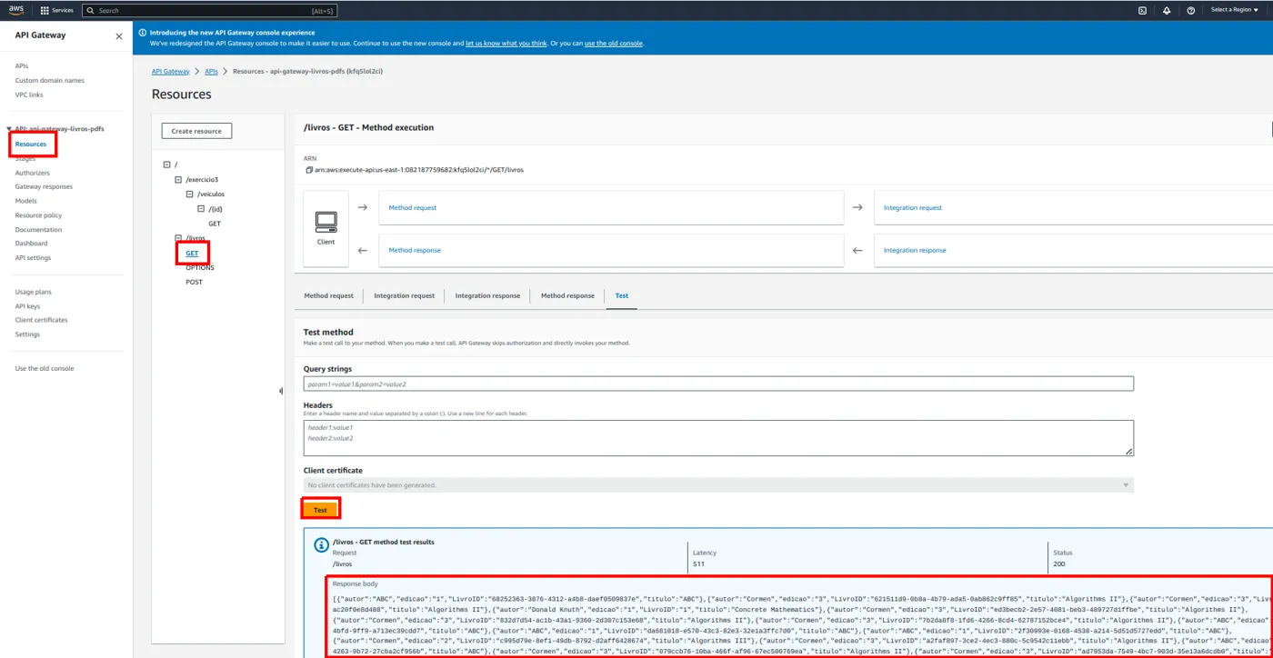 Aba Test do método GET de /livros no API Gateway com a lista de livros no corpo da resposta