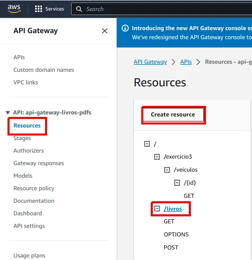 Recursos da API com /livros selecionado e o botão Create resource destacado