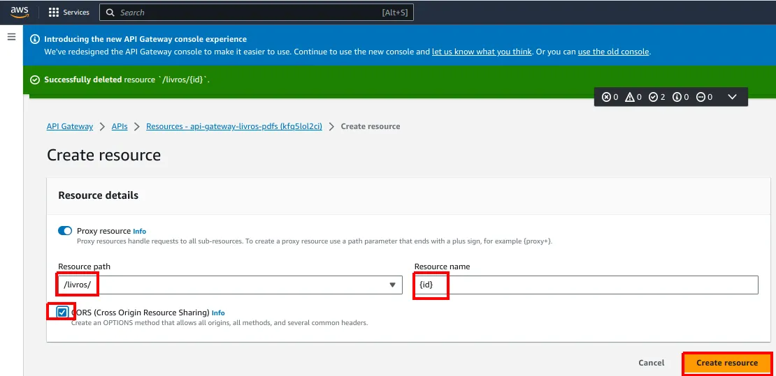 Formulário Create resource com o nome {id} e a opção CORS destacados