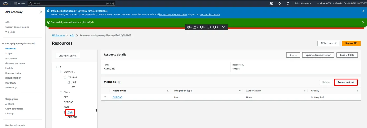 Recurso {id} selecionado e o botão Create method destacado