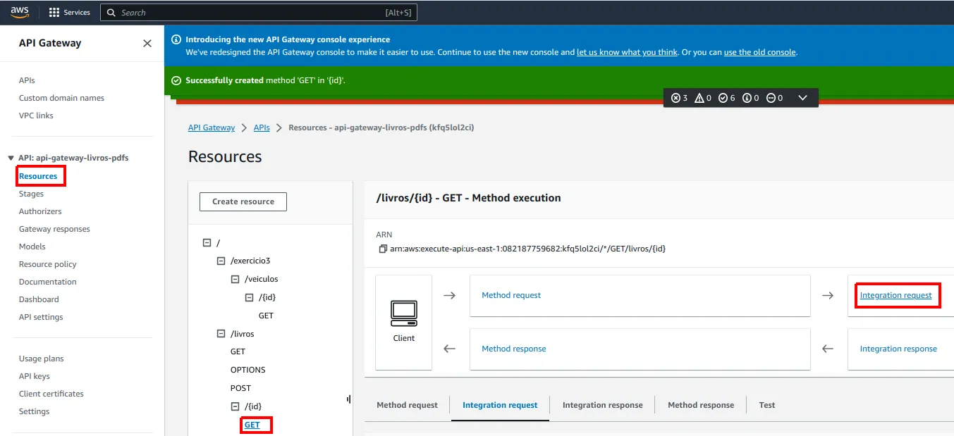 Execução do método GET de /livros/{id} com o quadro Integration request destacado