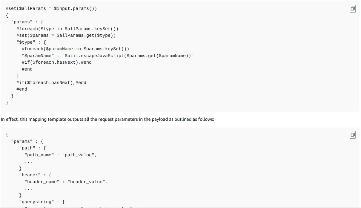 Trecho da documentação sobre $input.params(), mostrando um template que percorre path, querystring e header e o JSON resultante com as três chaves