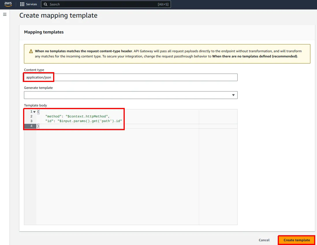 Página Create mapping template com o Content type application/json e o Template body destacados