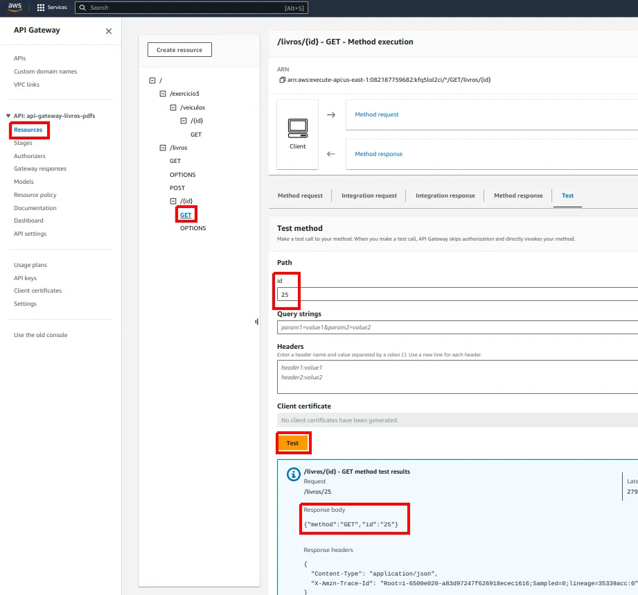 Aba Test do GET /livros/{id} com um id qualquer no campo de path e a resposta com method e id destacados
