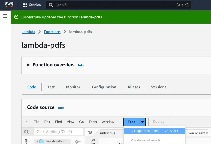 Menu do botão Test com a opção Configure test event destacada
