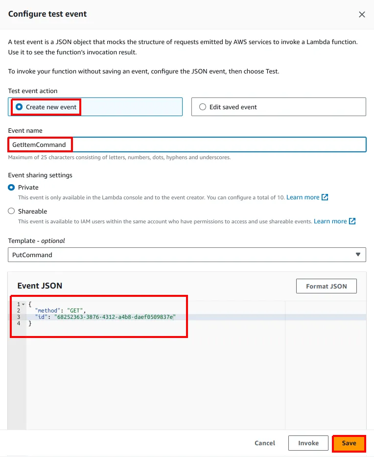 Janela Configure test event com Create new event, o nome GetCommand e o Event JSON com um id destacados