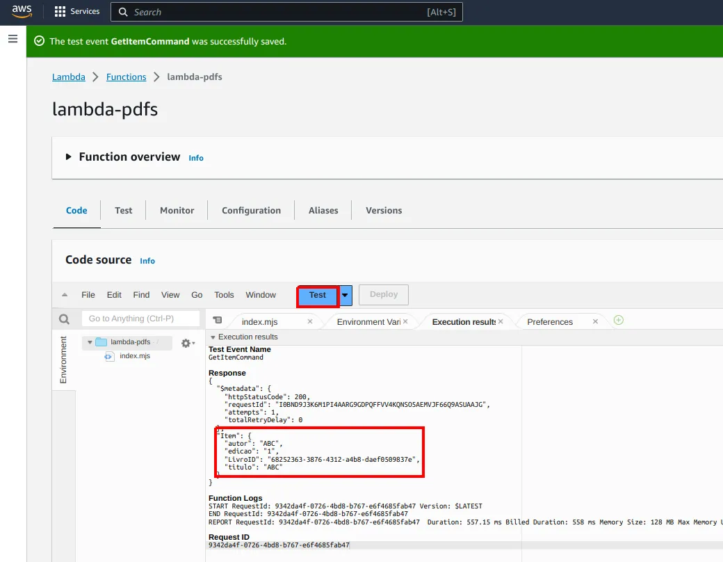 Resultado do teste com a resposta do GetCommand, que inclui metadados e o livro associado à chave Item