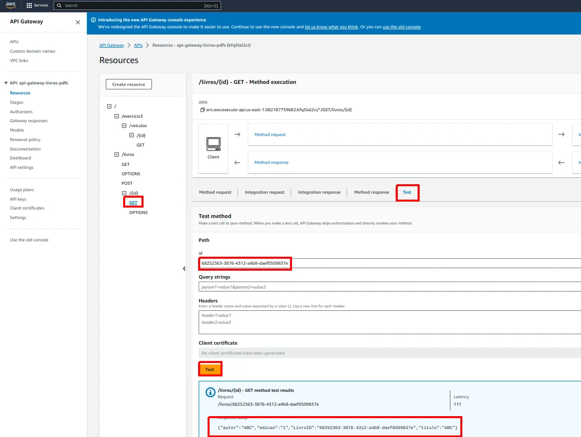 Aba Test do GET /livros/{id} no API Gateway com o id no campo de path e o livro no corpo da resposta