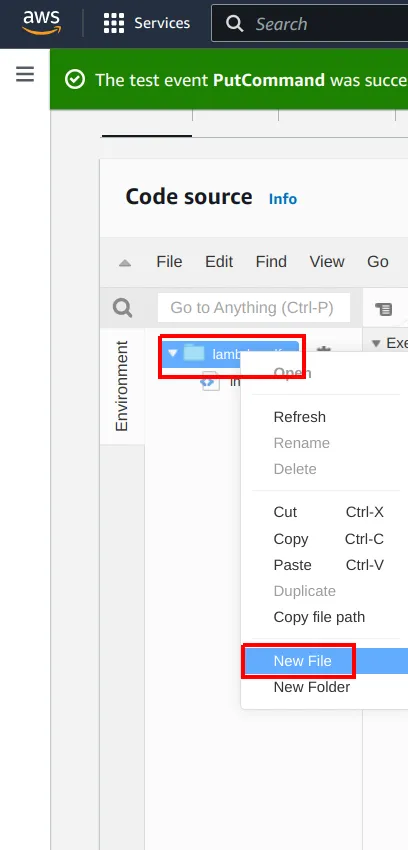 Menu de contexto da pasta do projeto no editor da Lambda com a opção New File destacada