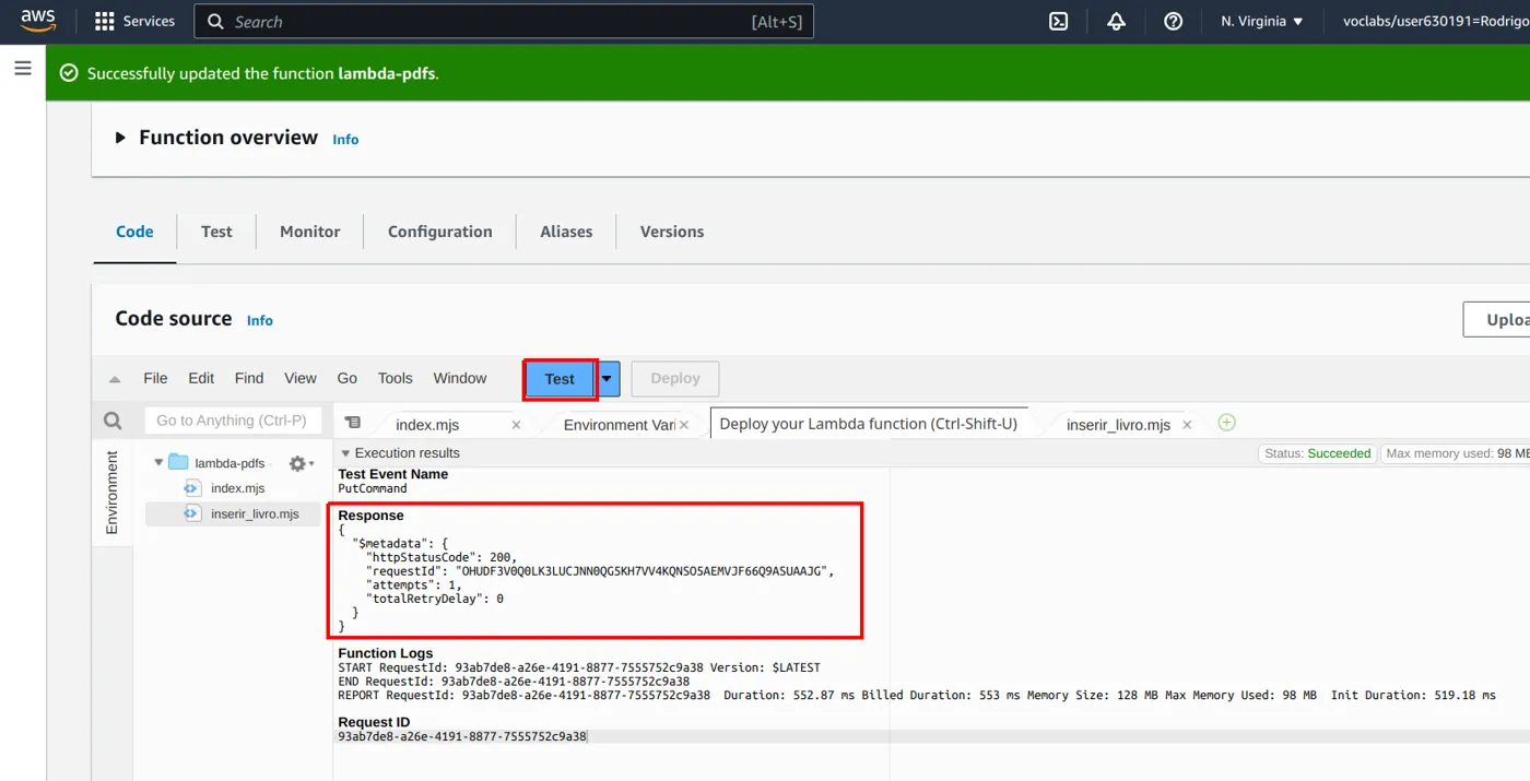 Resultado do teste mostrando a resposta do DynamoDB com os metadados da operação