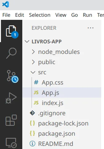 Explorer do VS Code com a estrutura do projeto livros-app: node_modules, public, src com App.css, App.js e index.js, .gitignore, package-lock.json, package.json e README.md