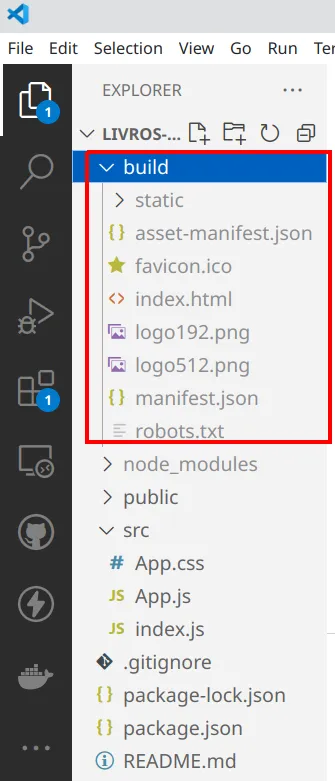 Explorer do VS Code com a nova pasta build destacada, contendo static, asset-manifest.json, favicon.ico, index.html, logos, manifest.json e robots.txt