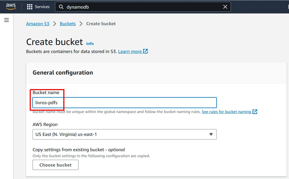 Formulário Create bucket com o campo Bucket name preenchido com livros-pdfs e destacado