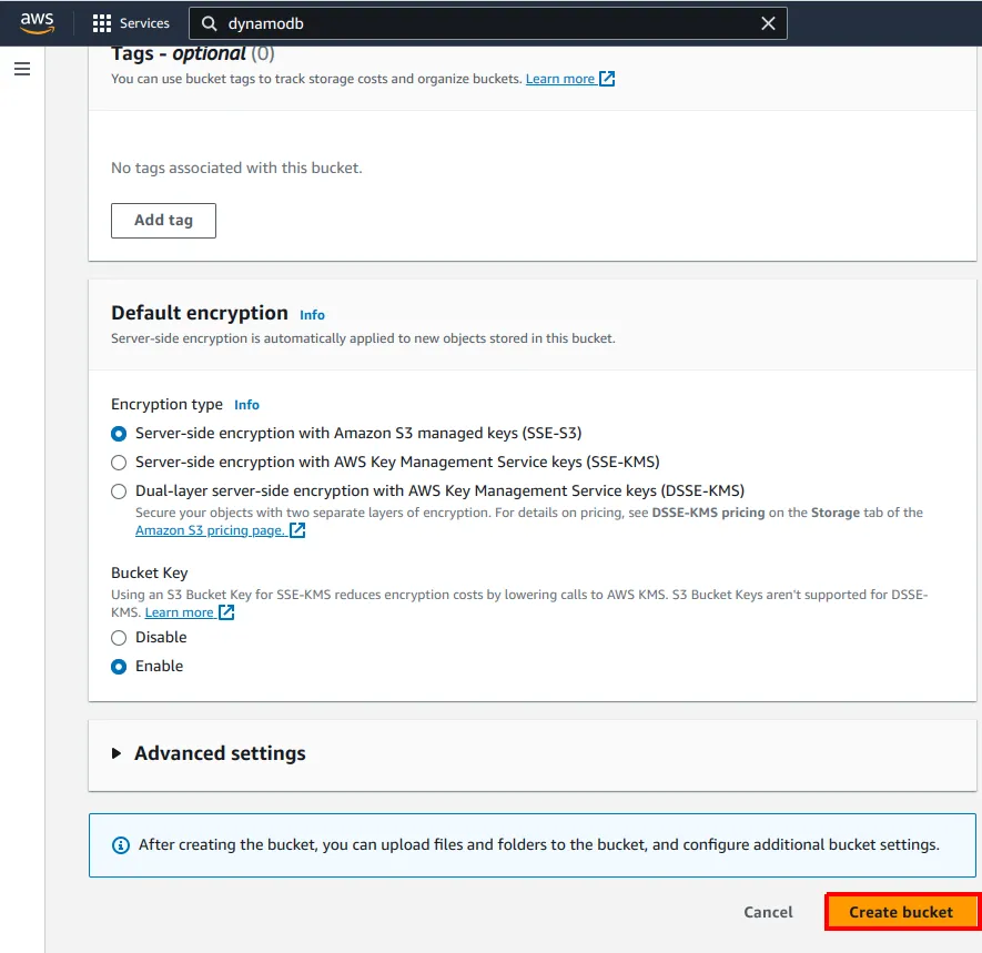 Final do formulário, com Tags, Default encryption e Advanced settings nos valores padrão e o botão Create bucket destacado
