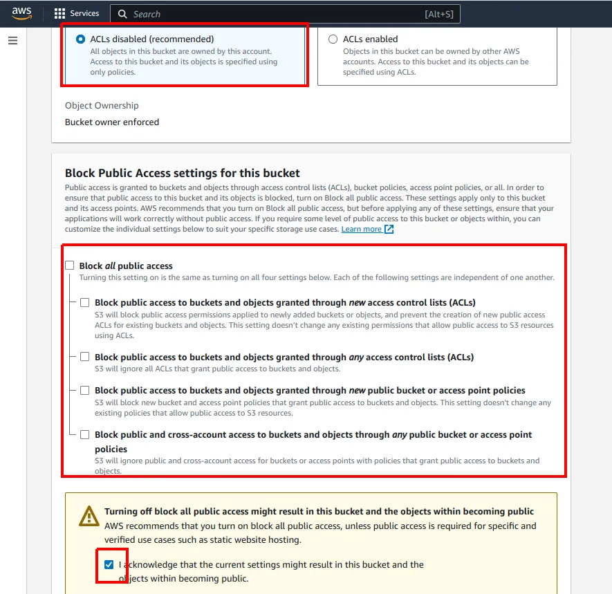 Configurações do bucket com ACLs disabled selecionado, todas as opções de Block Public Access desmarcadas e a caixa de reconhecimento do aviso marcada, todos destacados