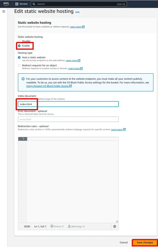 Formulário Edit static website hosting com a opção Enable e o campo Index document preenchido com index.html destacados